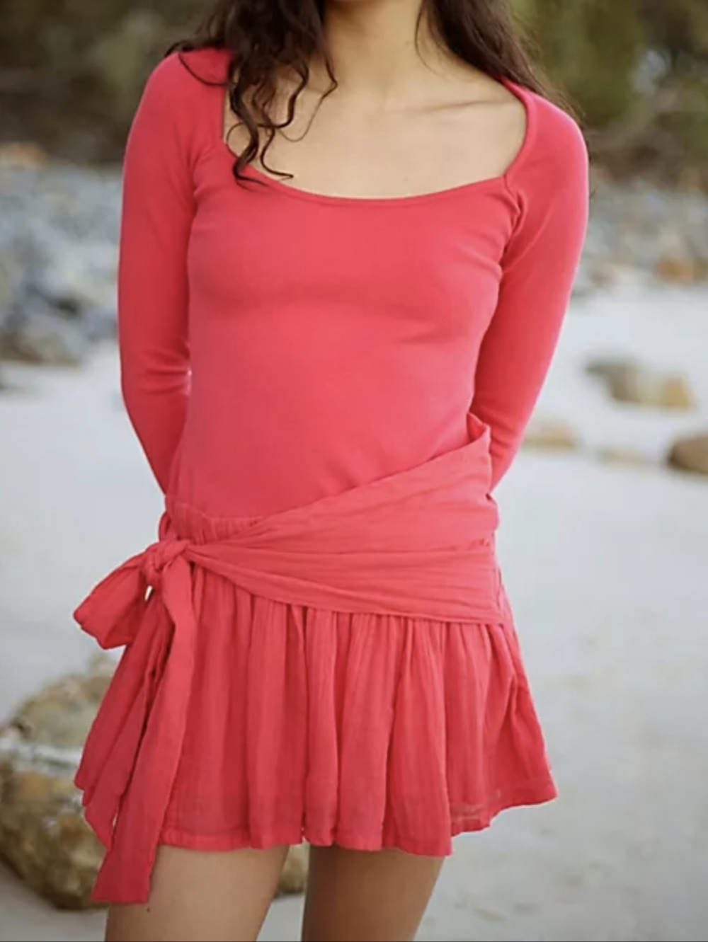 Free People NEW Free-est Coral Lexi Drop Tie Waist Mini Dress SZ Medium Coquette